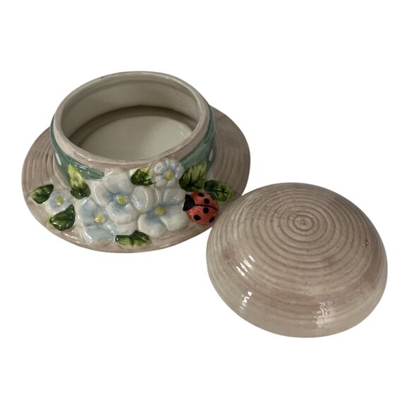 Nantucket Ceramic Hat Trinket Box with Ladybug & Floral Design – Handpainted Cot - Picture 2 of 3